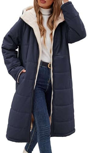 Tuopuda Damen Wintermäntel Lang Winterjacke Warm Winter Fleece Gefüttert Sweatjacke Jacke Mantel Parka Jacket mit Kapuze Teddyfleece Steppjacke Übergangsjacke Winterparka Steppmantel, Marine, XL
