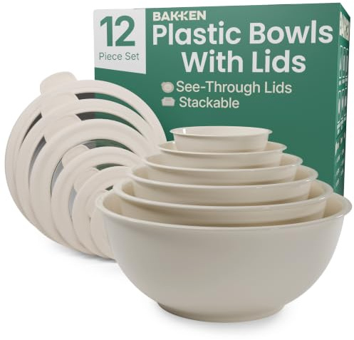 BAKKENMASTER 12 Piece Plastic Nesting Bowls with Lids - Mixing Bowls Set Includes 6 Prep Bowls and 6 Lids, BPA-Free, Reusable Meal Prep Containers, Microwave, Freezer & Dishwasher Safe, White Cream