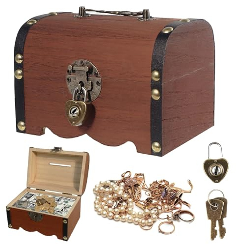GOIEHIR Liten vintage trä skattkista, vintage-look, skattkista med kombinationslås, brun träförvaring, skattkista med lock, piratskattkista för förvaring och dekoration, skattjakt