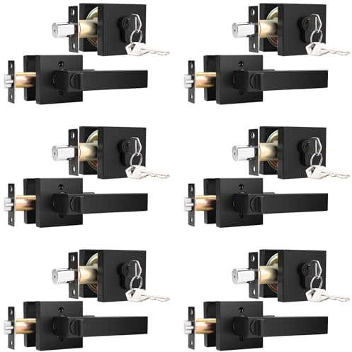KNOBWELL Türknauf mit Riegel, doppelseitiger Schlossgriff für Front-/Garage-/Eingangstüren, quadratisch, schwarz, 6 Stück