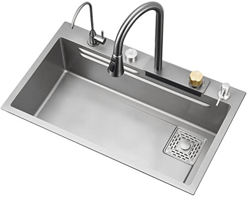 Lavello da cucina sottopiano in acciaio inox con scarico laterale sinistro e 3 fori lavabo multifunzione fatto a mano (argento 75 x 45 cm)