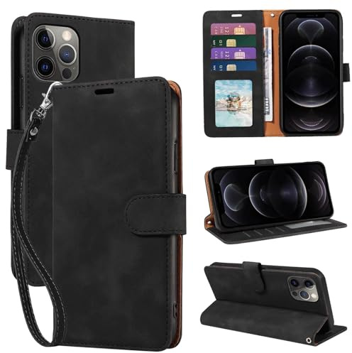 GOTOURED for iPhone 12/12 Pro Case Wallet with 4 Card Slots & Strap (Black) | PU leather flip cover, RFID blocking, magnetic closure, shockproof protection, folio design, kickstand, phone case