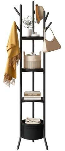 YMYNY Garderobenständer, Freistehender Kleiderständer mit Ablageflächen, Flurgarderobe mit 3 Holzregalen und 1 Stoffkorb, Kleiderständer aus Metall für Schlafzimmer Wohnzimmer Schwarz HGR005B