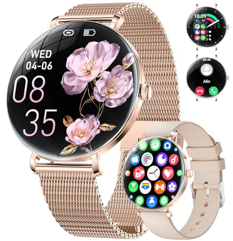 ESFOE Damen Smartwatch Ultradünn,1.43 Sphärischem AMOLED Smart Watch mit Bluetooth Anrufe,Uhr Damen Herren mit 120+ Sportmodi Pulsuhr Schlafmonitor Schrittzähler,Armbanduhr für iOS Android Roségold