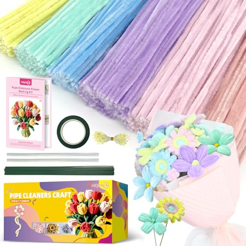 MQOALA 450 Stück Pfeifenreiniger Blumen Set Mit Anleitung, Chenilledraht Pfeifenreiniger Blumen Set, Basteln und Dekorieren Staubblatt FüR Blumenstrauß Diy Dekorationen Macaron-Farbe