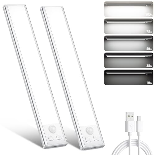 Ylatoial Under Cupboard Kitchen Lights, 2 Pack Cold White 32 LED Dimmable 1000mAh Rechargeable Magnetic LED Motion Sensor Lights Indoor for Wardrobe Cabinet Shelf