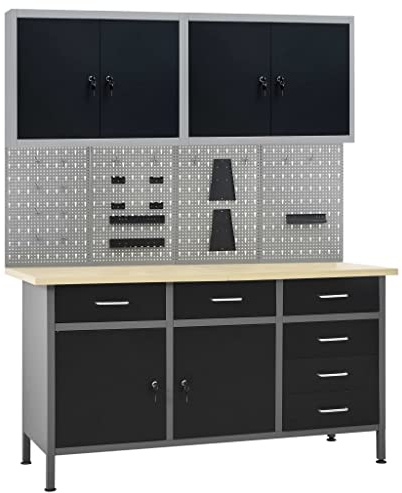 Emmtore Werkbank mit 4 Werkzeugwänden 2 Wandschränken Werkstatteinrichtung Werkzeugschrank Werktisch Montagewerkbank Hängeschrank Lochwand