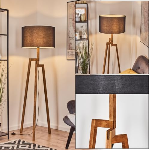 HOFSTEIN Stehleuchte Flemming, Stehlampe aus Holz im modernen Boho-Design, Schirm aus Stoff, Ø 50 cm, 162,5 cm, E27, mit Fußschalter - Wohnzimmer, Schlafzimmer, Esszimmer, Flur