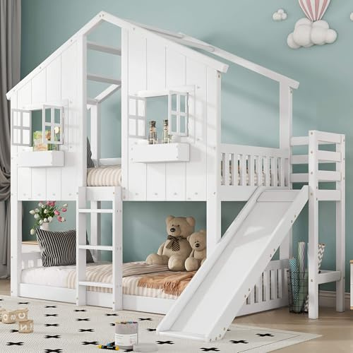 MQGPM Etagenbett 90x200 cm mit Rutsche und Lattenrost, Stockbett Kinderbett mit Dach und Fallschutzgitter, Bettgestell mit Stauraum und Rausfallschutz, Weiß