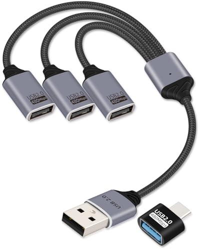 YANBORONSN USB Splitter 3 Port 1 Stecker auf 3 Buchse, 1 in 3 Ausgang USB Verlängerungs Hub Daten und Stromversorgungs Ladekabel USB2.0 Verlängerungskabel für Auto, Laptop, Tastatur, Maus (25 cm)