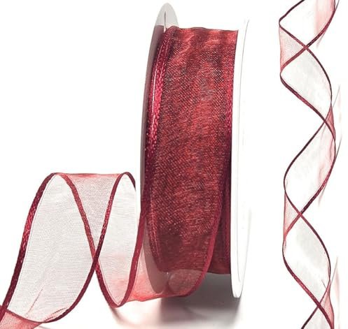 s.dekoda Schleifenband Organza 25m x 25mm Weinrot Organzaband mit formbaren Drahtkanten Geschenkband [D3142-124]