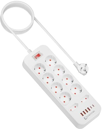 Steckdosenleiste mit USB,10 Fach Mehrfachsteckdose mit Schalter 6 USB Ports | Steckdosenleiste mit Schaltern 4 USB-A und 2 USB-C Ports für Haus, Schule, Büro, 1,8M Verlängerungskabel(Weiß)