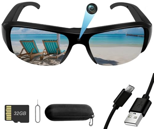 Nisanuki Action Cam, 32GB Sportbrille mit Kamera, Mini Actionkamera 1080P HD, Kleine Videokamera Sonnenbrille Kamera Videoaufzeichnungsbrille unterstützt Foto für Outdoor Aktivitäten UV-Filter