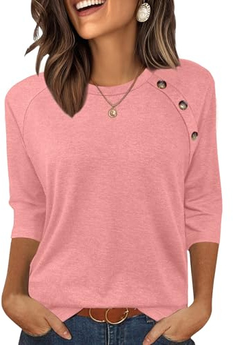 Bakoliza 3/4 Length Sleeve Womens Tops Fashion Crew Neck Shirts Dressy Casual Blouses Soft Tees Coral Pink