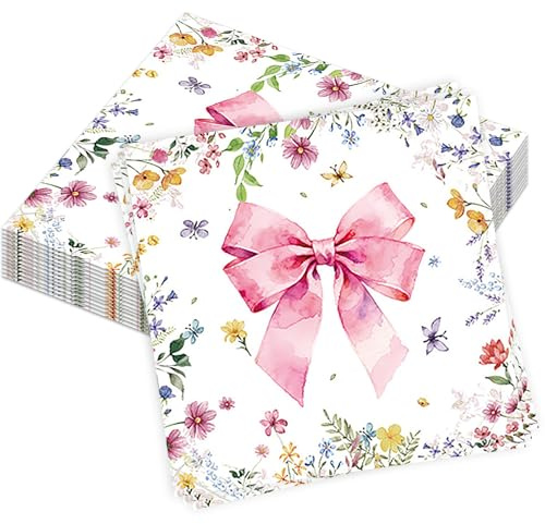 40 Stück Blumen Servietten,Blumen Schleife Design Papierservietten | 33x33 cm Frühling Blume Servietten,Geburtstagsservietten,Frühling Papier-Servietten,für Geburtstag Party Hochzeiten
