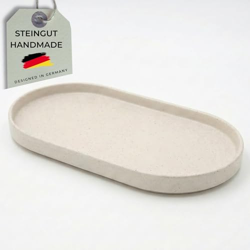 HerzHolzPapier® Keramik Tablett 22,3 × 12 × 1,5 cm aus Steingut – Handgefertigt, Lebensmittelecht, Stapelbar – Serviertablett Pastellweiß, Matt, Gesprenkelt