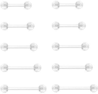 Elenviorina 10 PCS Clear Tongue Bars and Nipple Bars 14G Acrylic Piercing Jewellery, Flexible Plastic Tongue Bars Nipple Piercing Jewellery Set 12/14/16/19/25mm