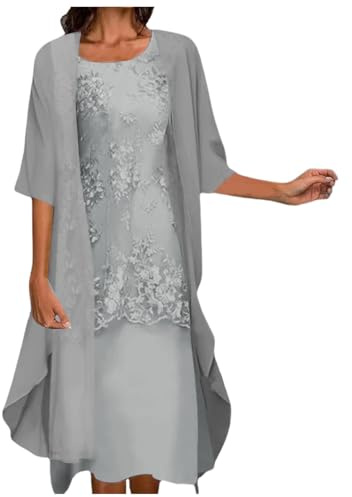 OBASDFD Dam vardaglig broderad klänning rund hals elegant halvärm chiffong scarf cardigan två set, Grå, M