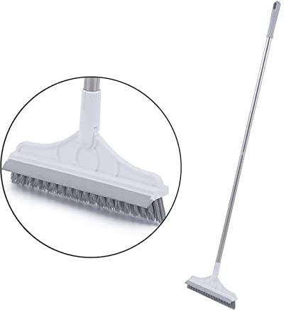 Vroomoto Brosse à Récurer pour Sol 2 en 1, Raclette de Douche, Raclette de Fenêtre, Tête Brosse Triangulaire, Poignée Longue Rotative à 120 Degrés avec Grattoir pour Salle Bain, (Blanc)