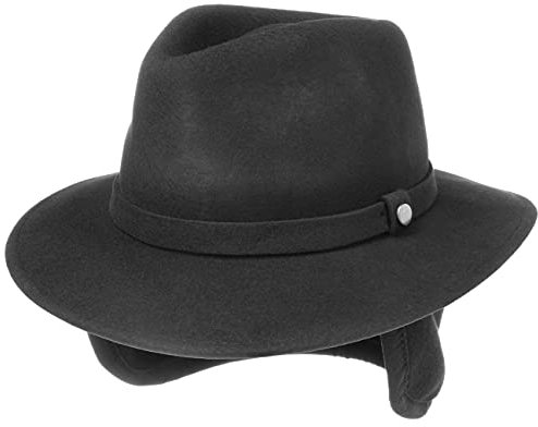 LIERYS Traveller Wollhut mit Ohrenklappen Herren Made in Italy Wollfilzhut Wasserabweisend Knautschbar Unifarben Packable Herbst Winter schwarz 59 cm