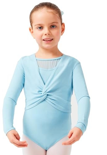 tanzmuster ® Ballettjacke Mädchen Langarm - Mia - aus sehr weichem Baumwollstoff Ballett Top zum Reinschlüpfen in hellblau, Größe 140/146