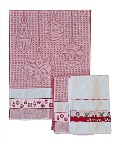 M&O Strofinacci Canovacci Asciughini Asciuga Piatti Natalizi Variante Palle Decorative di Natale Set da Tre Pezzi 100% Cotone con Inserto in Tela Aida per Ricamo in OMAGGIO 1 Presina da Cucina