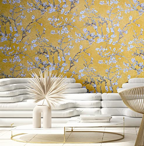 WALLCOVER Papier Peint Intissé Fleurs Jaune Van Gogh Floral Fleur d'amandier Vintage pour Chambre Cuisine Salon
