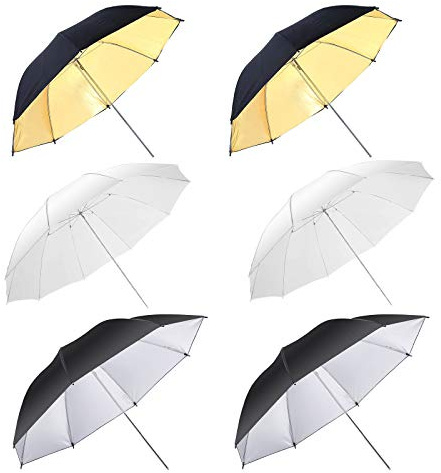 6 x Reflex-/Durchlichtschirm-Set 84 cm, Weiß Transparent Reflektor Studio Schrim, schwarz/Silber Reflektor Regenschirm Reflexschirm schwarz Gold 33 Zoll für Fotografie Studio Video Blitz