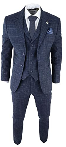 Mens Tweed 3 Piece Suit Blue Check Vintage 1920s Gatsby Blinders Tailored Fit - Blue 38