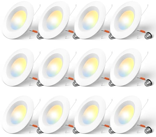 Amico 5/6 inch 5CCT LED Recessed Lighting 12 Pack, Dimmable, Damp Rated, 12.5W=100W, Can Lights with Baffle Trim, Retrofit Installation, ETL&FCC, White