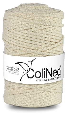 ColiNea Baumwollkordel mit Baumwollkern 5 mm 100m Baumwollgarn DIY Makramee Stricken Cotton Cord Elfenbein ideal für Makramee Handwerk Baumwollseil für Basteln