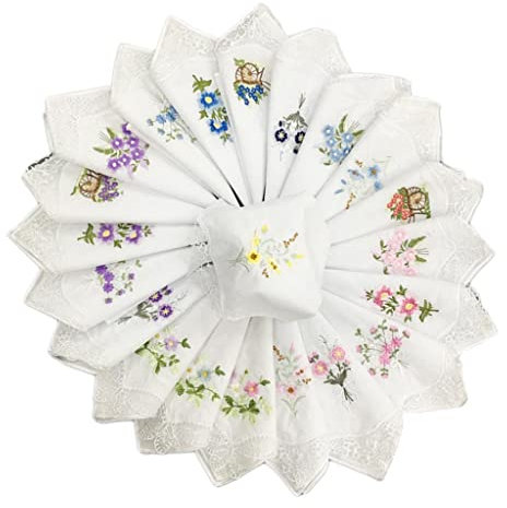 JISADER 12 Stück Damen Mütter Baumwolle Blumenstickerei Taschentuch Spitze Baumwolle