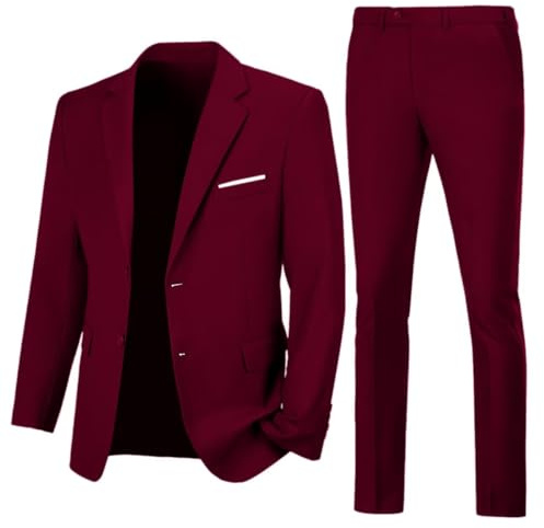 Mens Suit 2 Piece Slim Fit Suit Formal Wedding Solid Color Prom Tuxedo Suits Jacket Pants Two Button Dress Suit Jacket Blazer Pants Set Dark Burgundy L