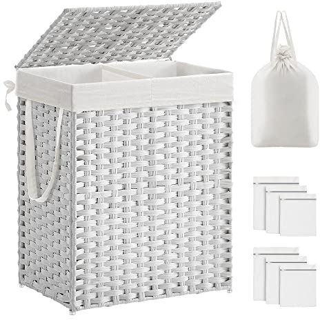 SONGMICS Wäschekorb mit Deckel, Wäschesammler 90 Liter, 2 Fächer, herausnehmbarer Wäschesack mit Griffen, handgeflochten, für Schlafzimmer, Badezimmer, 33 x 46 x 60 cm, weiß LCB251W01V1