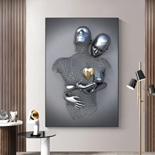 Metallgitter Statue Liebe Umarmt Paar Herz Leinwand Poster Silber Grau Abstrakte Kunst Figur Malerei für Wohnkultur 20X30cm Mit Rahmen