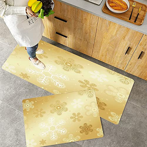 Küchenteppich Teppich Läufer Küchenläufer 2 Stück rutschfest,Weihnachten, Schneeflockenmuster auf goldfarbenem Hintergrund Weihnachten Weihnachten Wint, Waschbar für Flur Küche 40 x 100 cm+40 x 60 cm