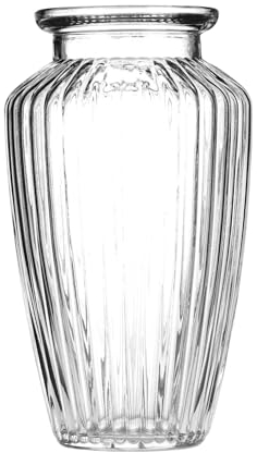 Wrenbury Tulip Vase Ribbed Glass for Flowers 20cm Textured Daffodil Wide Vase - Clear Urn for Posies - Makes a Classic Table Centrepiece