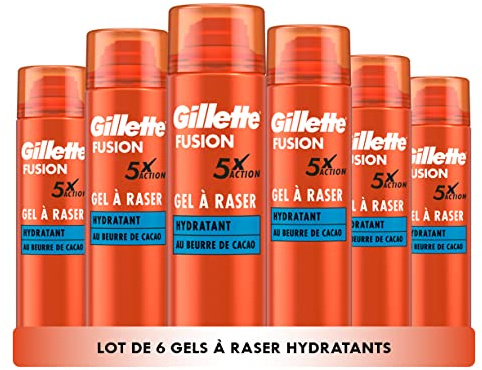 Gillette Fusion Gel À Raser Hydratant Pour Homme Au Beurre De Cacao, 5X Actions : Nettoie, Hydrate, Protège, Rafraîchit Et Apaise, 6x200ml