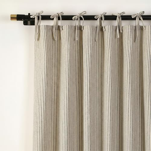 THE ART BOX Natural Linen Gauze Tie Top Sheer Semi Blackout Striped Curtains for Bedroom Filtering Hanging Substitute Windows Home Décor Curtain, Black on Beige, 2 Panel Sets, (84x42 inch Each)