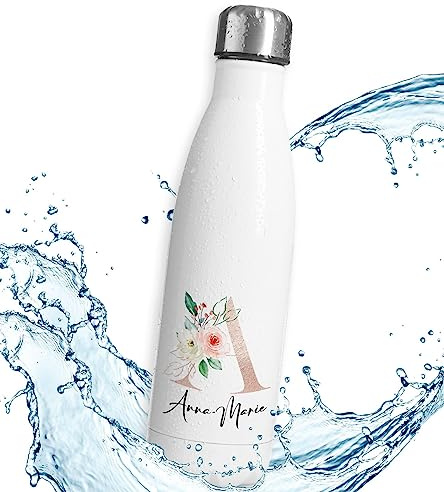 timalo® Thermosflasche | Initialen Blumen | personalisiert mit Namen auslaufsichere Edelstahl Trinkflasche Wasserflasche Muttertag Geschenk für Frauen 500mL | A