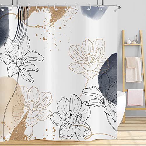 Hnmdmyi Cortina de Baño Boho 90x180, Cortinas de Baño Flores Abstractas Mid Century Modern Geometric Minimalista Estética Arte Cortina de Baño Tejido Poliéster Impermeable Lavable Cortina de Baño