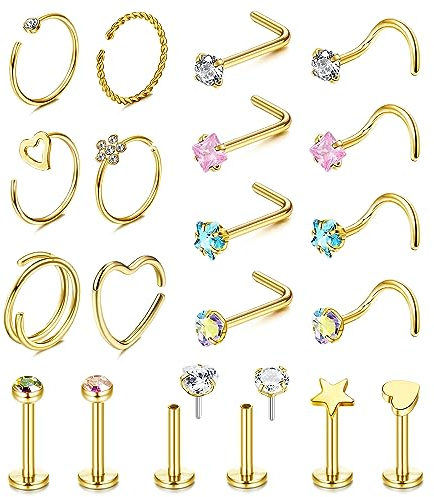 Adramata 20 Stück 20G Nasenpiercing Chirurgenstahl, 2MM Multicolor CZ Herz Nasenpiercing Stecker, L Förmig Nasenstecker Spirale Nasenpiercing Set Silber/Gold Nasenring Piercing,G