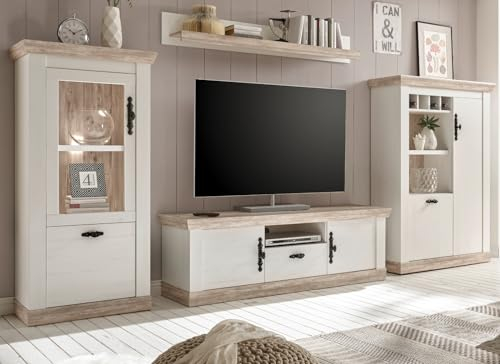 Furn.Design Wohnwand in weiß Pinie und Oslo Pinie Landhaus Schrankwand Set mit Vitrine, Highboard, TV-Lowboard und Wandregal 352 x 170 cm Rovola (Set 3)