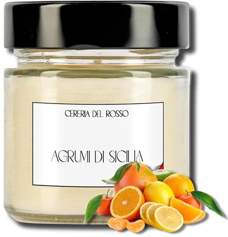 CERERIA DEL ROSSO Candela Profumata Cera di Soia 100% Naturale Aromaterapia Profumo Intenso Fino a 40 ore Idea Regalo Occasione Made in Italy Varie Fragranze (Agrumi di Sicilia)