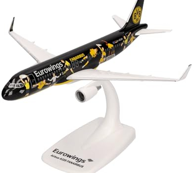 herpa Snap-Fit Modellflugzeug Eurowings Airbus A320 BVB Fanairbus - D-AEWM, Miniatur im Maßstab 1:200, Sammlerstück, Modell mit Standfuß, Kunststoff, Schwarz