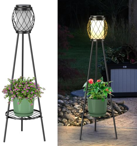 MXwcy Solar Lights Outdoor with Plant Stands 2 Pack, Solar Floor Lamp Metal Tripod Patio Lights for Garden Yard Pathway Driveway Front/Back Porch Decoration