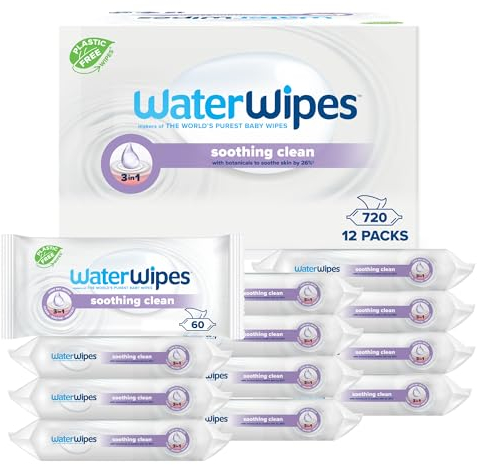 WaterWipes Sensitive+ Soothing Clean Wipes, Toallitas Calmantes, 720 unidades (paquete de 12), 3 en 1 Limpia, Cuida, Calma, 99% de agua con extracto botánico, Toallitas sin perfume para bebés