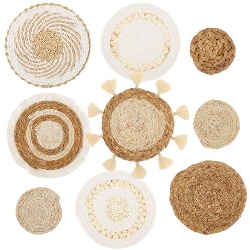 QINGLANG - Lot de 9 paniers ronds en osier naturel tissé à la main en forme de fleur de rotin style bohème - Décoration murale rustique pour salon, chambre, bureau, couloir et entrée