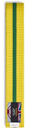 Playwell kampsport bomullsfärgat bälte med olika färgade ränder graderingsbälte – (karate, Judo Taekwondo), Gult bälte med grön rand, 250cm
