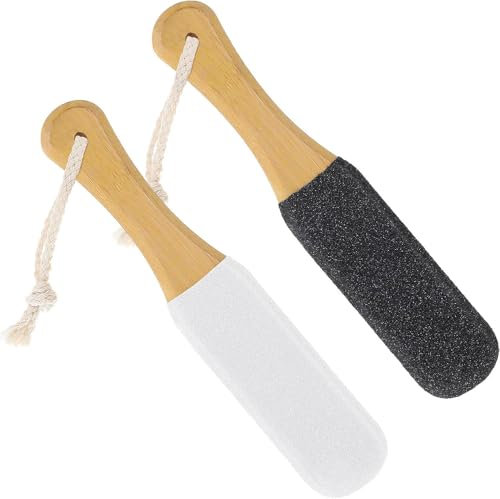 GEDRACKPMYN 2er-Pack Fußfeilen für Zwei Oberflächen, doppelseitige Bimsstein-Fußfeile mit Holzgriff zum Entfernen von Schwielen, rissigen Fersen, abgestorbener Haut, Hühneraugen und verkrusteter Haut
